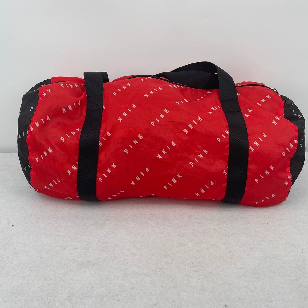 Victoria's Secret PINK Packable Duffel Bag Red Logo Print Ripstop Travel Gym Bag